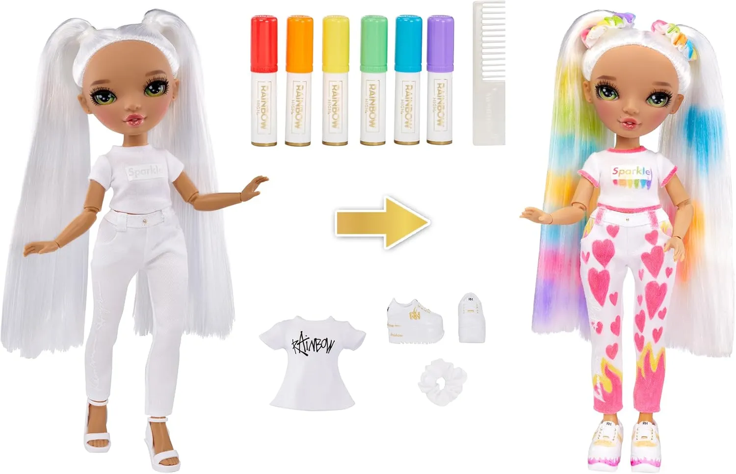 Rainbow High Color & Create Fashion DIY Doll with Washable Rainbow Markers, Green Eyes, Straight Hair in 2 Pig Tails, Bonus Top & Shoes. Color, Create, Play, Rinse and Repeat. Creative 4-12 