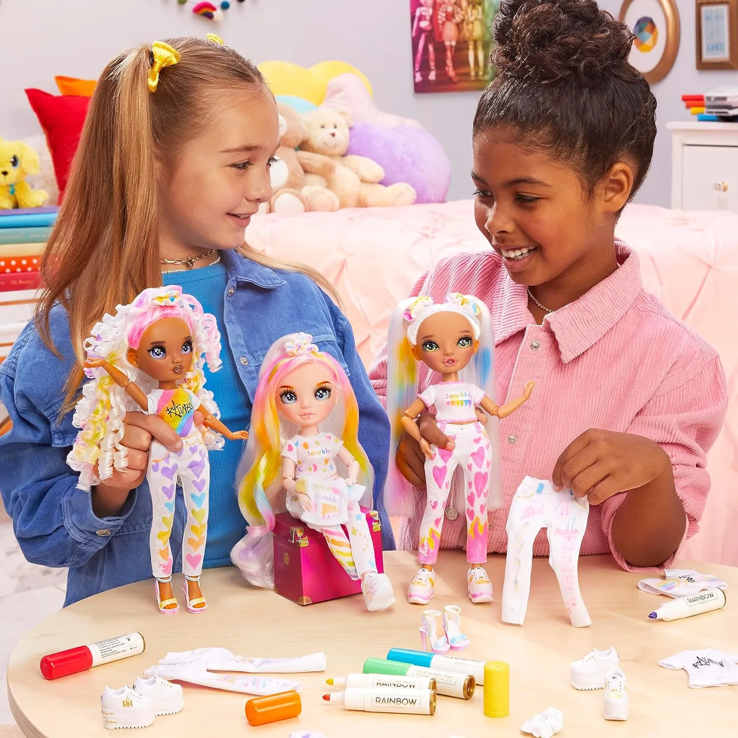 Rainbow High Color & Create Fashion DIY Doll with Washable Rainbow Markers, Green Eyes, Straight Hair in 2 Pig Tails, Bonus Top & Shoes. Color, Create, Play, Rinse and Repeat. Creative 4-12 