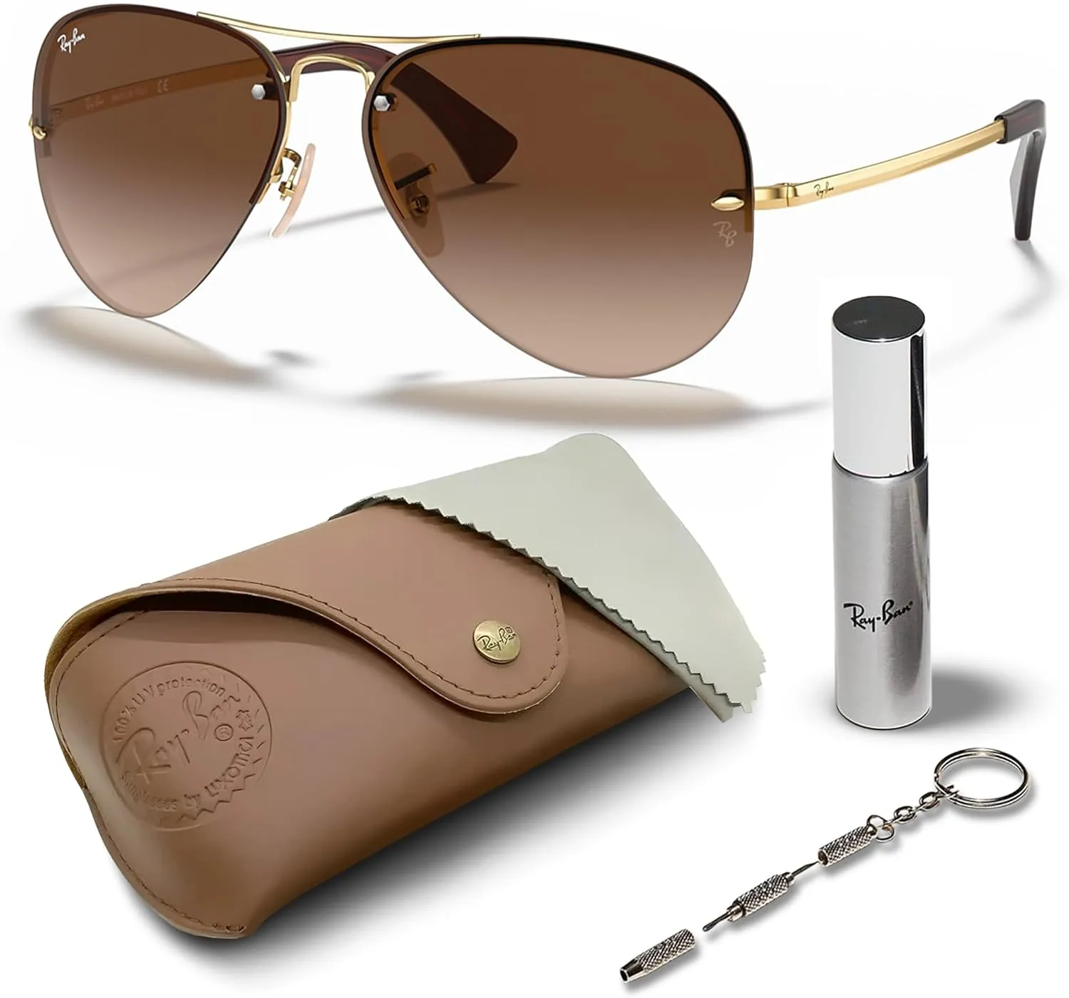 Ray-Ban RB3449 Pilot Sunglasses With Eyewear Kit Bundle - Adjustable Nose Pads - Formal and Casual Wear Retro Sunglasses