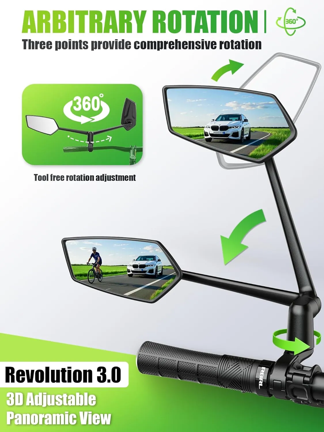 RBRL Bike Mirror, 3D Adjustable Arm for Extended Reach, Aluminum Alloy Anti-shake Bicycle Rearview Mirrors, 360° Panoramic Rearview, Wide Angle Shatterproof & Foldable E-bike Mirror(a set)