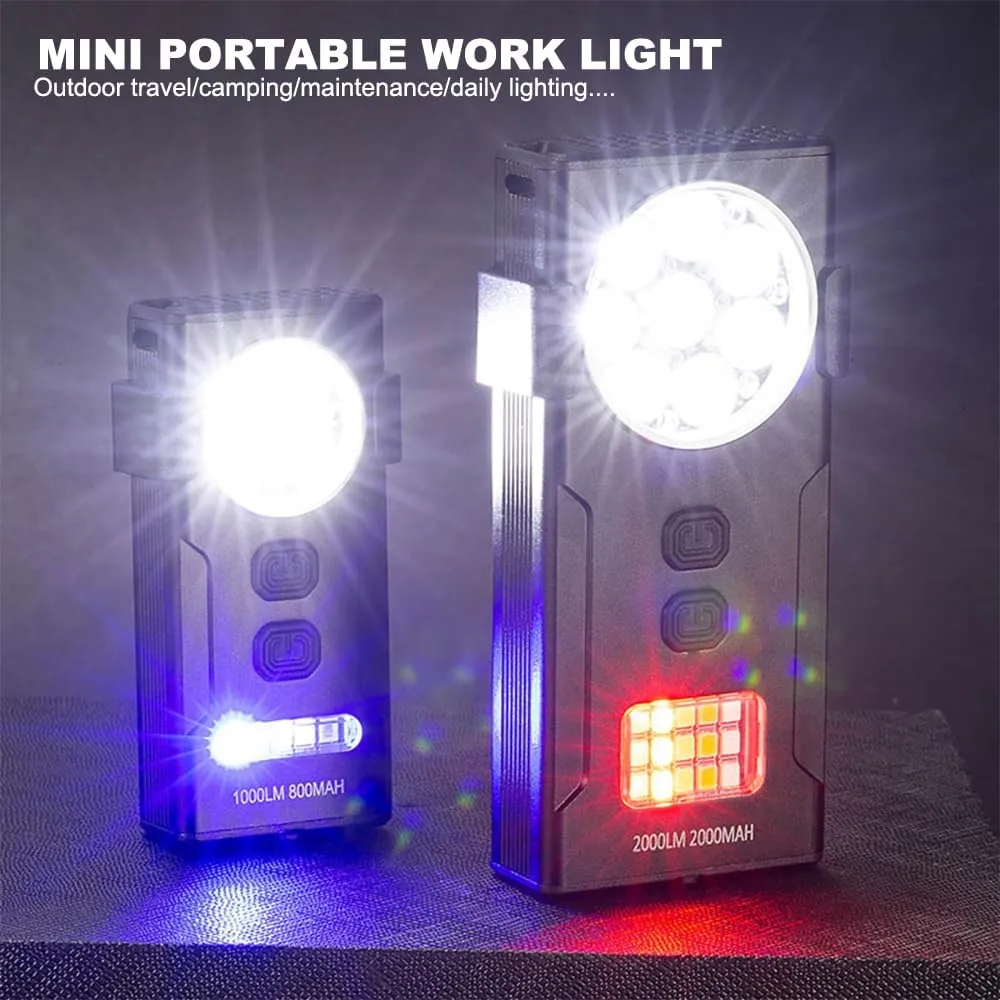 Rechargeable Magnetic Work Light, 2000 Lumens EDC Slim Flat Pocket Flashlight with Red/Blue Flash Warning light, Small Portable Clip for Car Repairs/Inspection/Travel/Hiking/Emergency/Camping (D85)