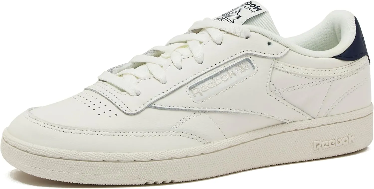 Reebok Club C 85 Tennis Shoes, Casual Fashion White Sneakers for Men, Chalk/Navy/Flint Grey Metallic, 9.5