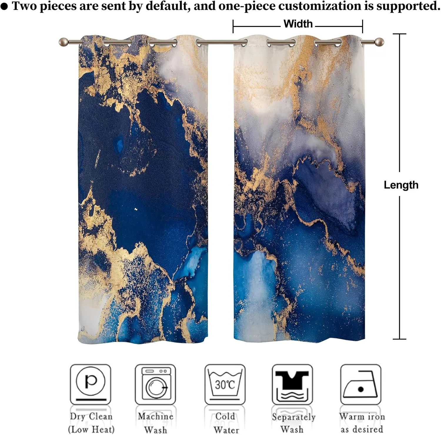 Renaiss Navy Blue Marble Blackout Curtains, Modern Art Abstract Marble Room Darkening Living Room Curtains Grommet, Luxury Thermal Insulated Window Curtains for Bedroom, 53Wx96L inch 2 Panels Set
