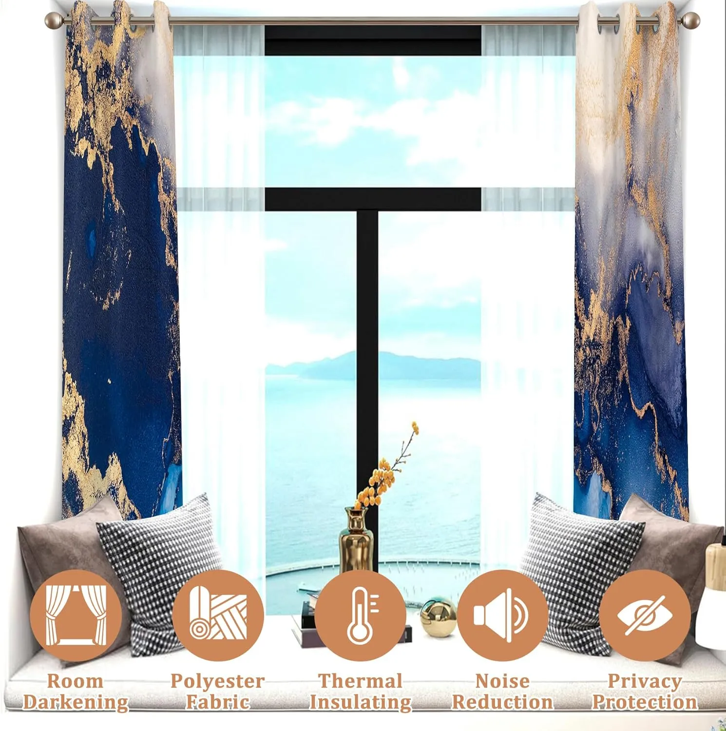Renaiss Navy Blue Marble Blackout Curtains, Modern Art Abstract Marble Room Darkening Living Room Curtains Grommet, Luxury Thermal Insulated Window Curtains for Bedroom, 53Wx96L inch 2 Panels Set