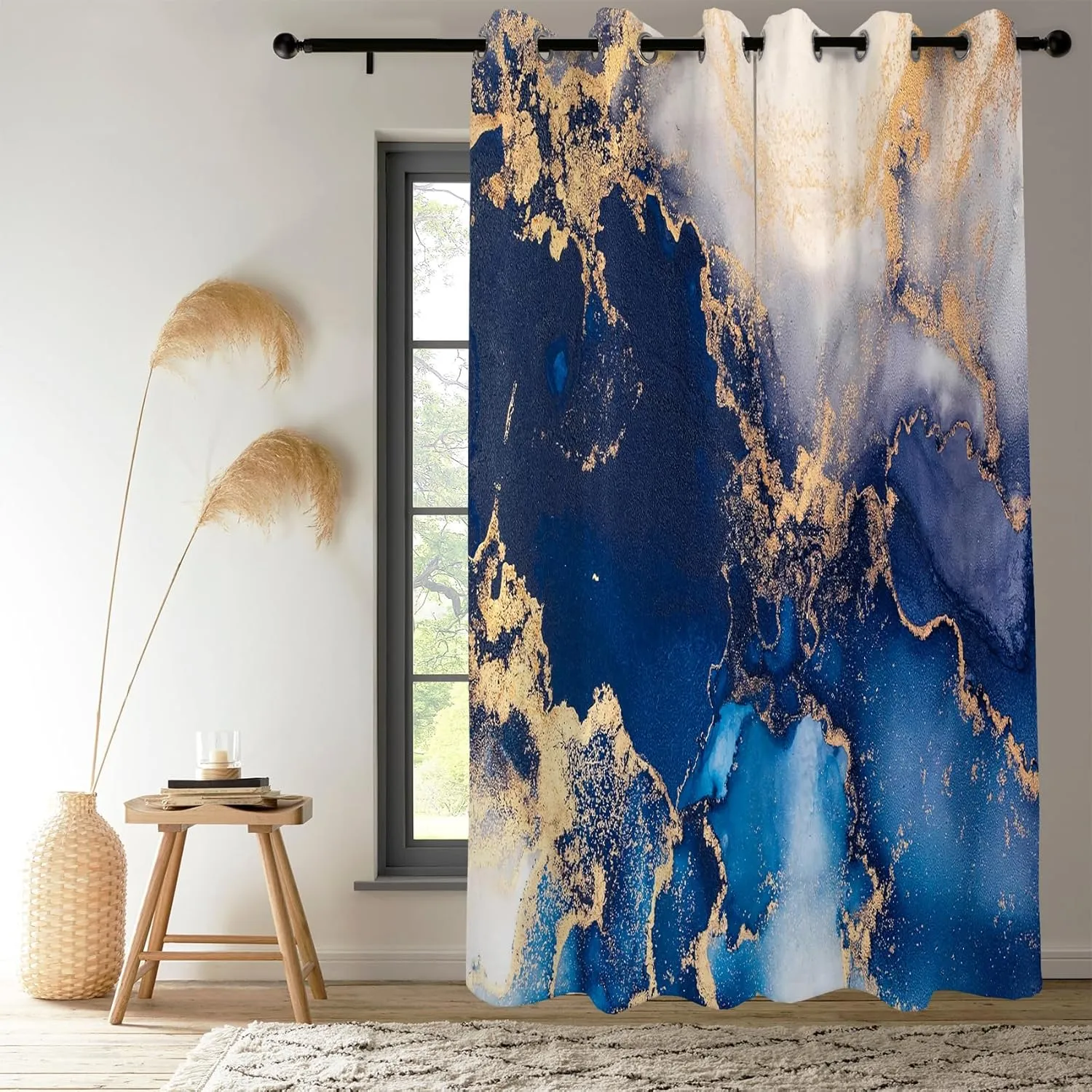 Renaiss Navy Blue Marble Blackout Curtains, Modern Art Abstract Marble Room Darkening Living Room Curtains Grommet, Luxury Thermal Insulated Window Curtains for Bedroom, 53Wx96L inch 2 Panels Set