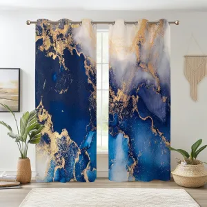 Renaiss Navy Blue Marble Blackout Curtains, Modern Art Abstract Marble Room Darkening Living Room Curtains Grommet, Luxury Thermal Insulated Window Curtains for Bedroom, 53Wx96L inch 2 Panels Set