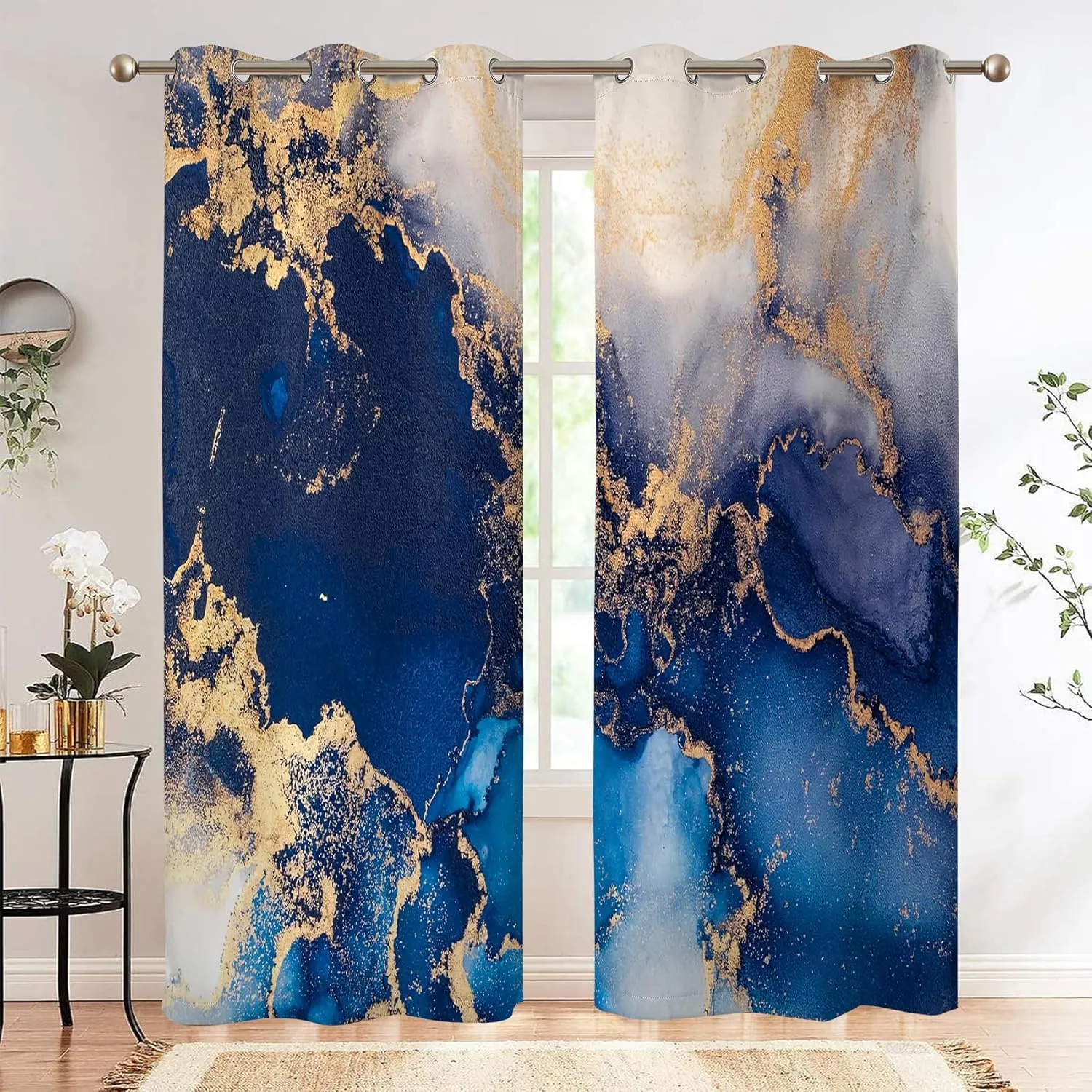 Renaiss Navy Blue Marble Blackout Curtains, Modern Art Abstract Marble Room Darkening Living Room Curtains Grommet, Luxury Thermal Insulated Window Curtains for Bedroom, 53Wx96L inch 2 Panels Set