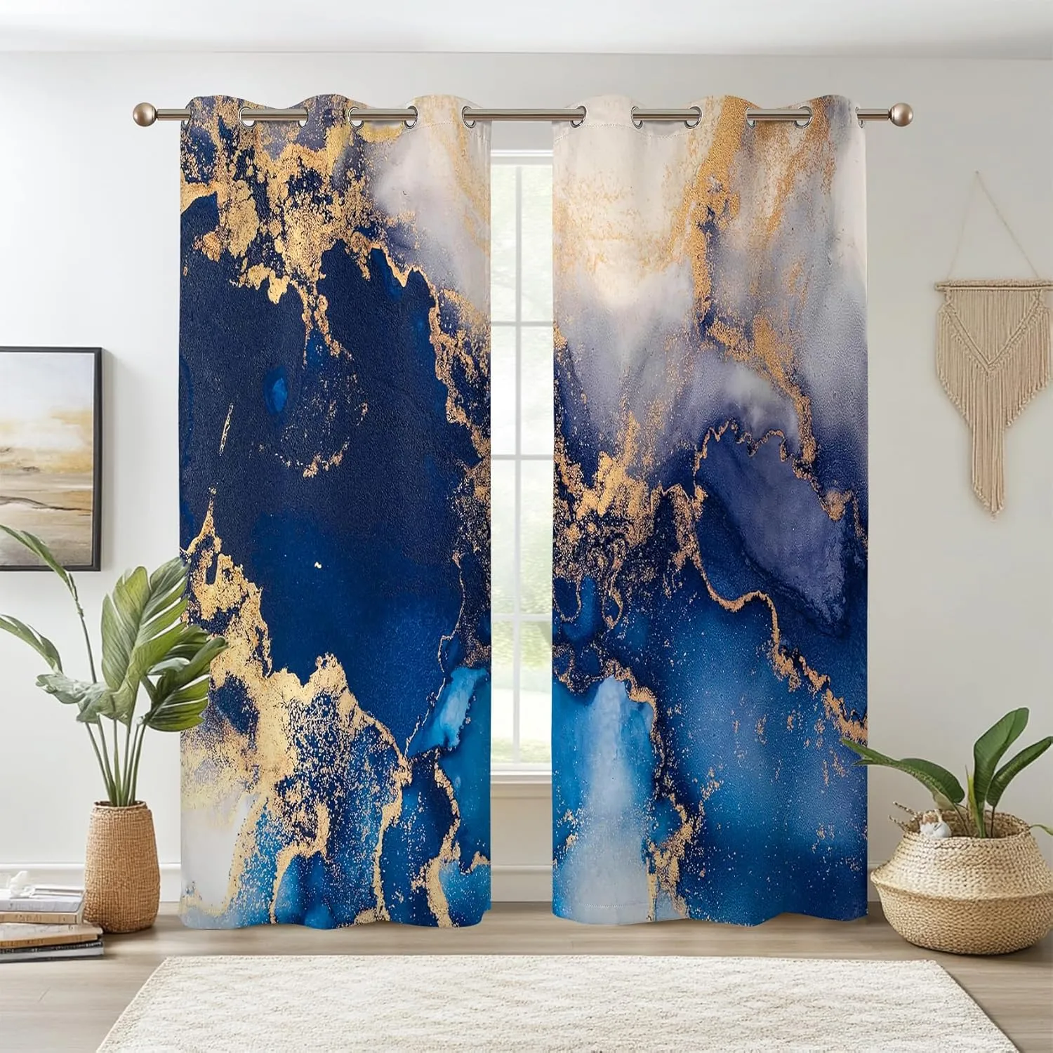 Renaiss Navy Blue Marble Blackout Curtains, Modern Art Abstract Marble Room Darkening Living Room Curtains Grommet, Luxury Thermal Insulated Window Curtains for Bedroom, 53Wx96L inch 2 Panels Set
