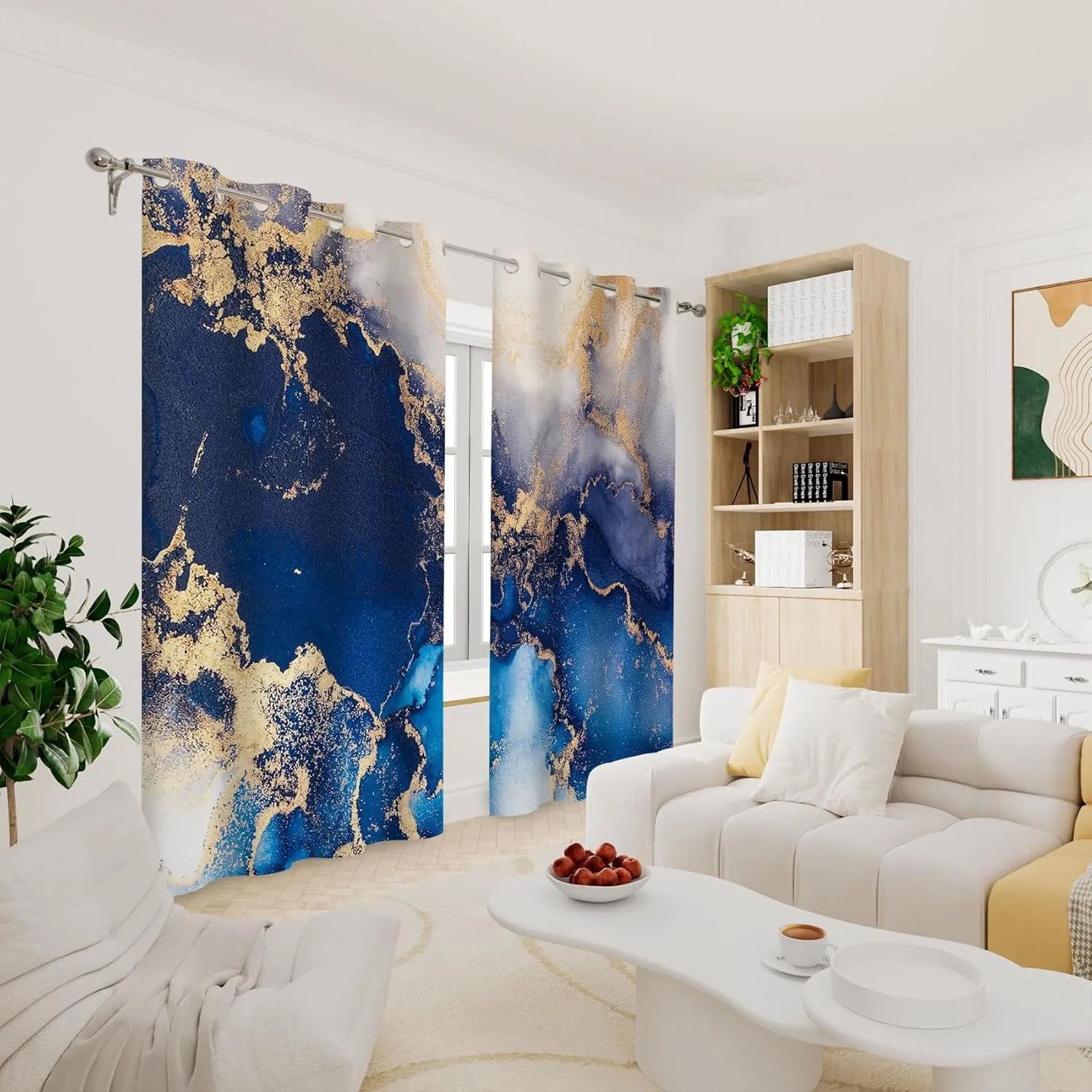 Renaiss Navy Blue Marble Blackout Curtains, Modern Art Abstract Marble Room Darkening Living Room Curtains Grommet, Luxury Thermal Insulated Window Curtains for Bedroom, 53Wx96L inch 2 Panels Set