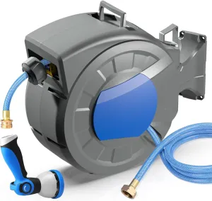 Retractable Garden Hose Reel, 1/2" x 100 ft   6.5 ft Wall Mounted Water Hose Reel for Outside with 10 Pattern Nozzle, Automatic Slow Rewind System/Lock Any Length/180°Swivel