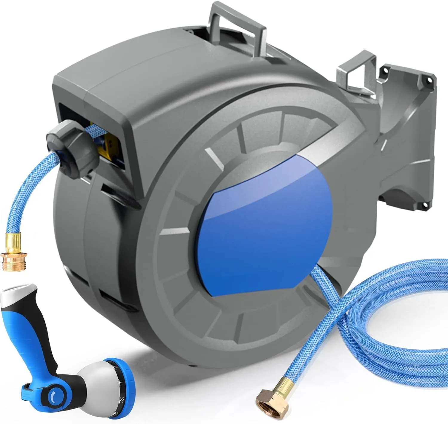 Retractable Garden Hose Reel, 1/2" x 100 ft   6.5 ft Wall Mounted Water Hose Reel for Outside with 10 Pattern Nozzle, Automatic Slow Rewind System/Lock Any Length/180°Swivel