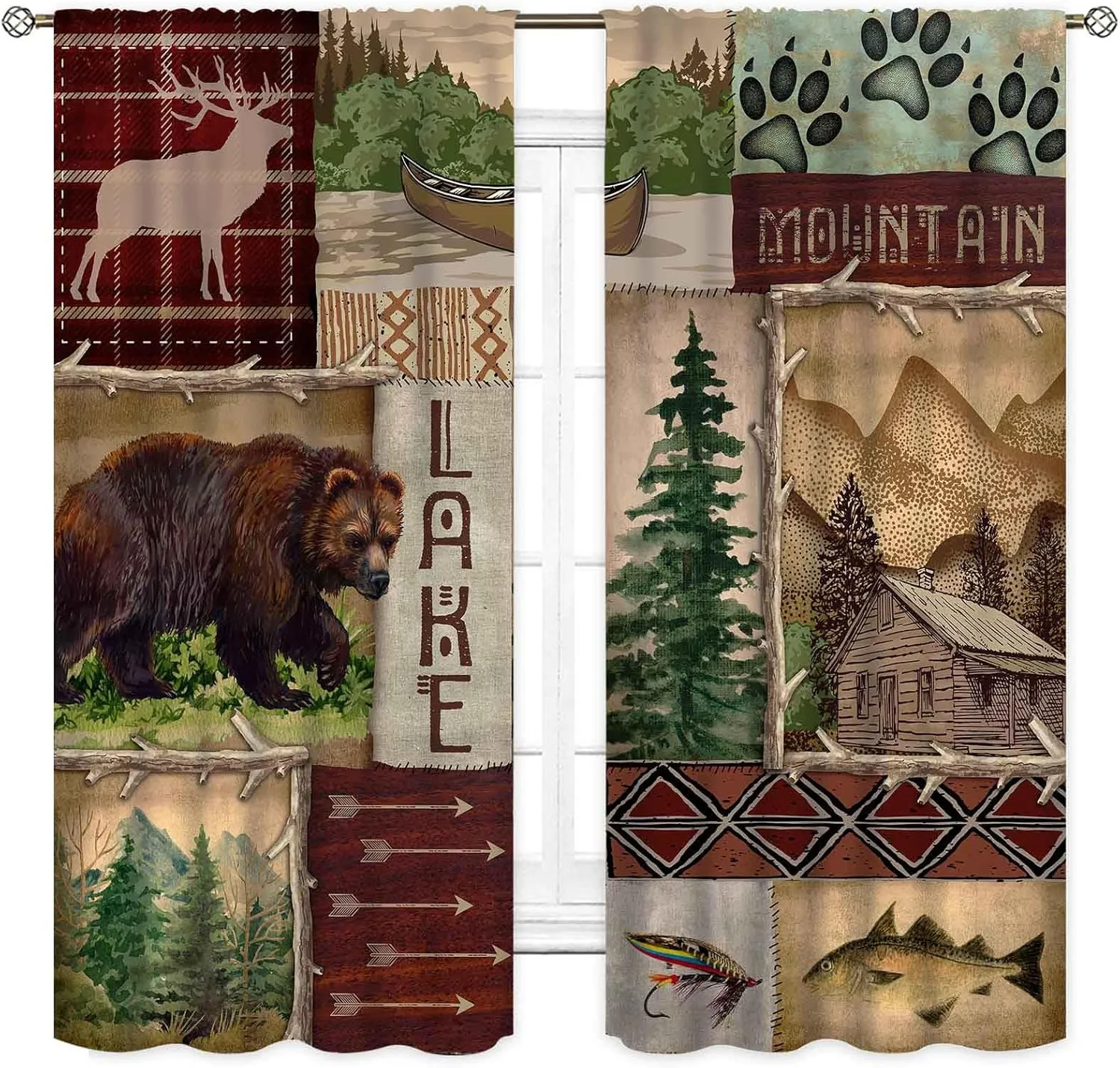 Retro Rustic Curtains, Vintage Bear Deer Farmhouse Forest Cabin Lodge Woodland Adventure Cottage Country Blackout Window Curtains Drapes for Bedroom Living Room Kitchen 2 Panels Set, 84"x63" Inch