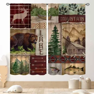 Retro Rustic Curtains, Vintage Bear Deer Farmhouse Forest Cabin Lodge Woodland Adventure Cottage Country Blackout Window Curtains Drapes for Bedroom Living Room Kitchen 2 Panels Set, 84"x63" Inch