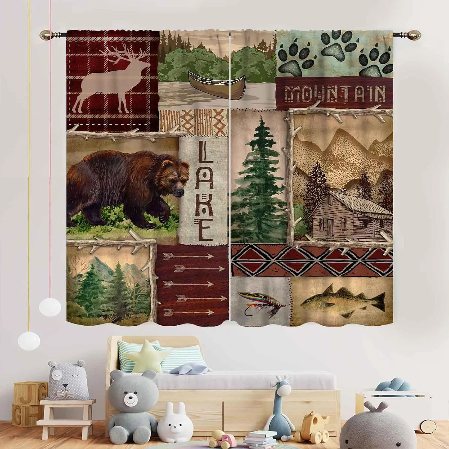 Retro Rustic Curtains, Vintage Bear Deer Farmhouse Forest Cabin Lodge Woodland Adventure Cottage Country Blackout Window Curtains Drapes for Bedroom Living Room Kitchen 2 Panels Set, 84"x63" Inch