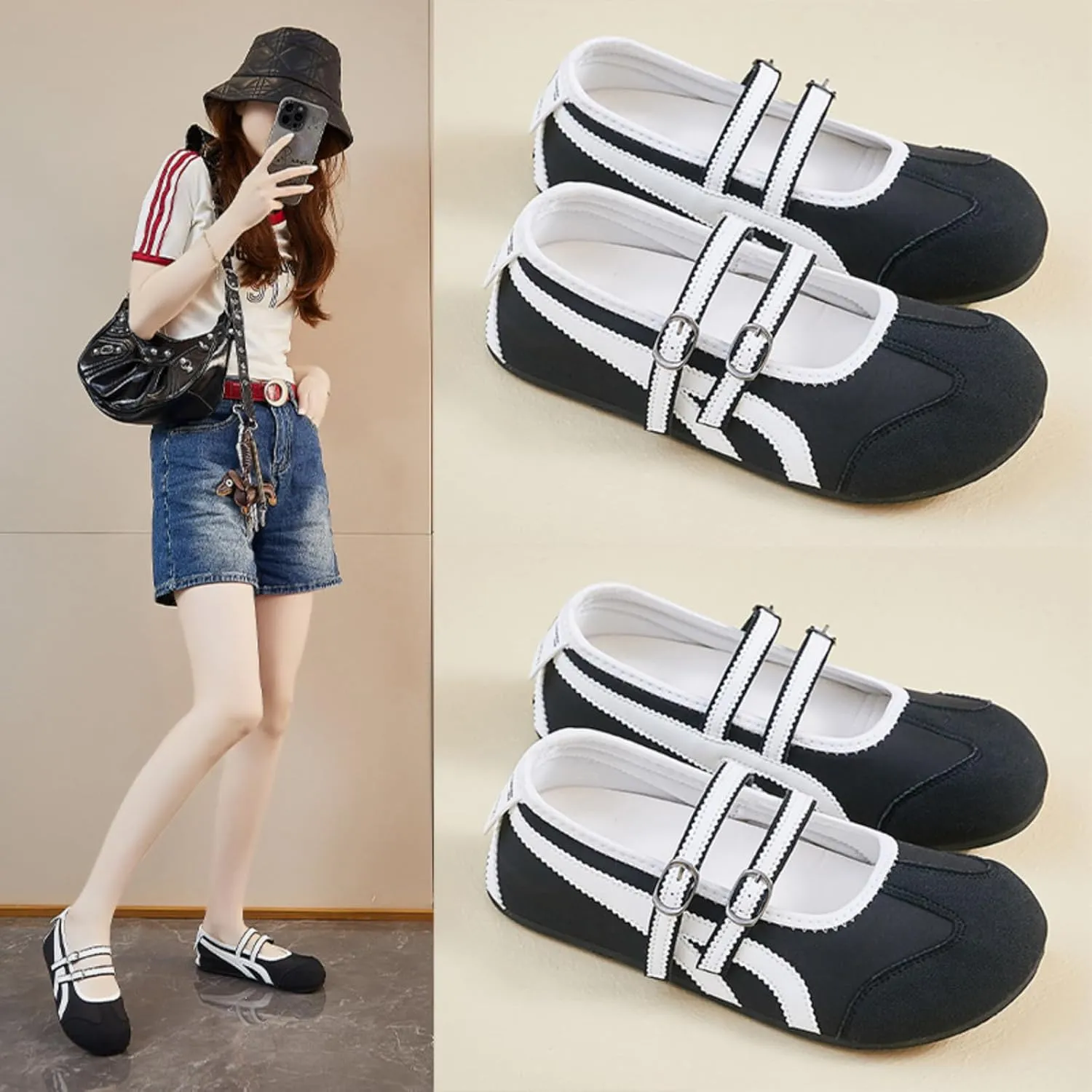 Retro Sneakers Women Mary Jane Flat Shoes Y2K Aesthetic 0.8" Casual Outfit Cute Walking Shoes
