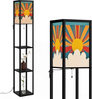 Retro Sun Clouds Flat Color Style Floor Lamps with Shelves, Modern Standing Lamp Narrow Corner Display Bookshelf Lamp for Living Room, Bedroom, Office Decor