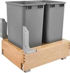 Rev-A-Shelf Double 50-Quart Pullout Under Cabinet Trash Cans with Soft Open & Close Slide System, Metallic Silver, Maple Wood Bottom 4WCBM-2150DM-2