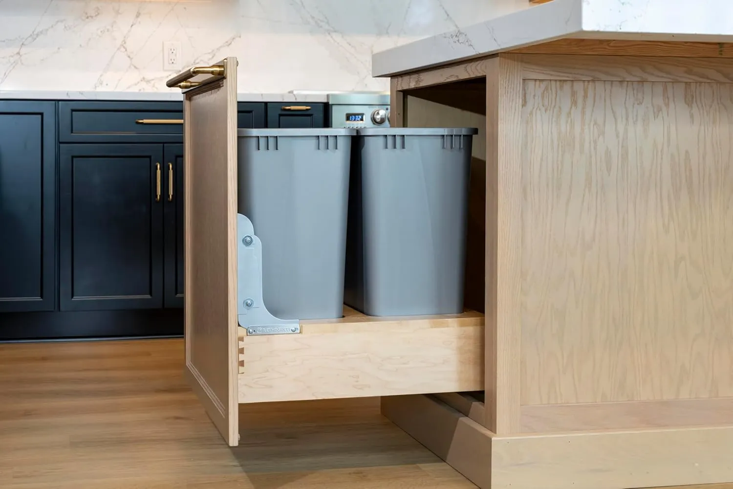 Rev-A-Shelf Double 50-Quart Pullout Under Cabinet Trash Cans with Soft Open & Close Slide System, Metallic Silver, Maple Wood Bottom 4WCBM-2150DM-2