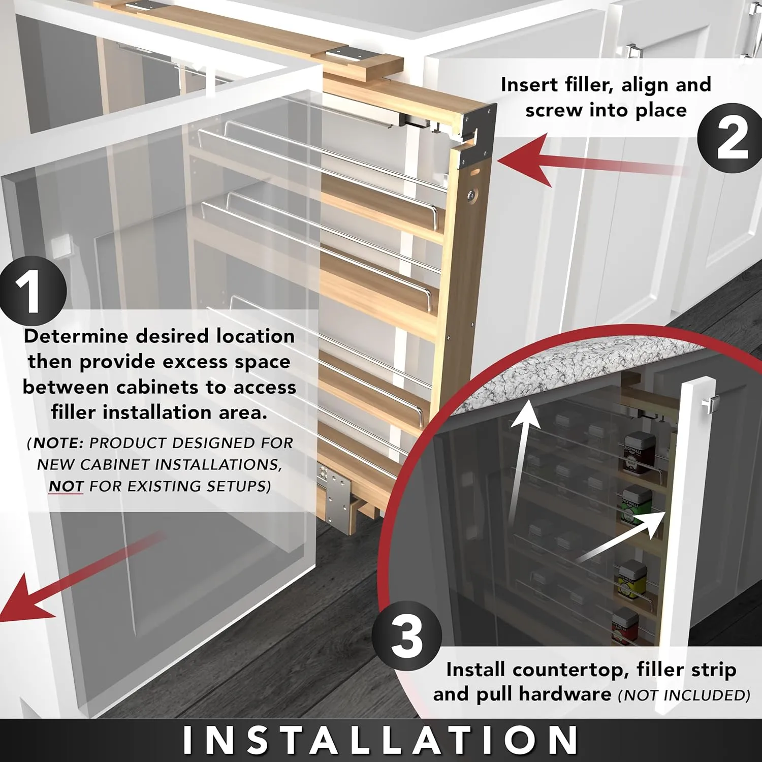 Rev-A-Shelf Kitchen Cabinet Pullout Wall Filler Wooden Organizer Slide Out Pantry Storage w/Soft-Close in Multiple Sizes, 3 x 42 in, 432-WFBBSC42-3C