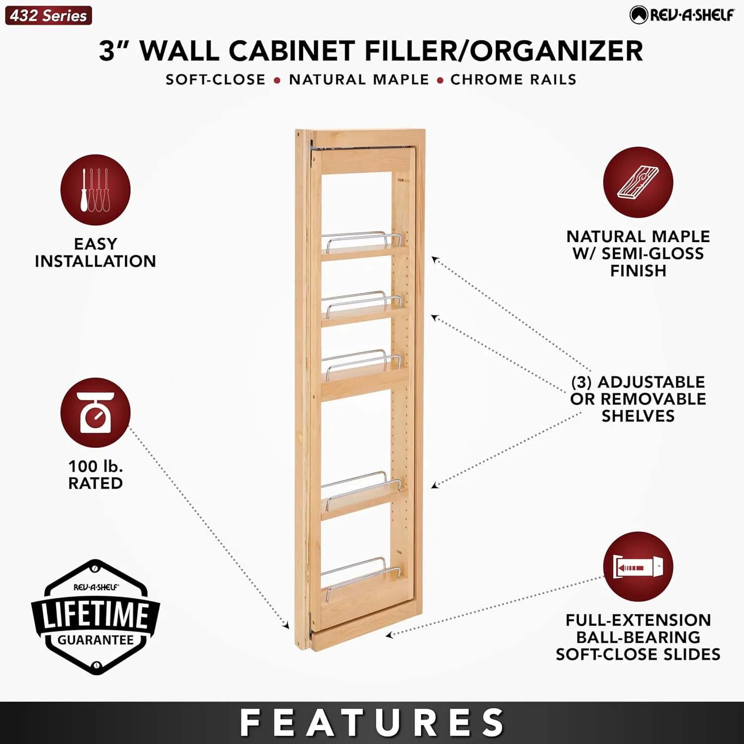 Rev-A-Shelf Kitchen Cabinet Pullout Wall Filler Wooden Organizer Slide Out Pantry Storage w/Soft-Close in Multiple Sizes, 3 x 42 in, 432-WFBBSC42-3C