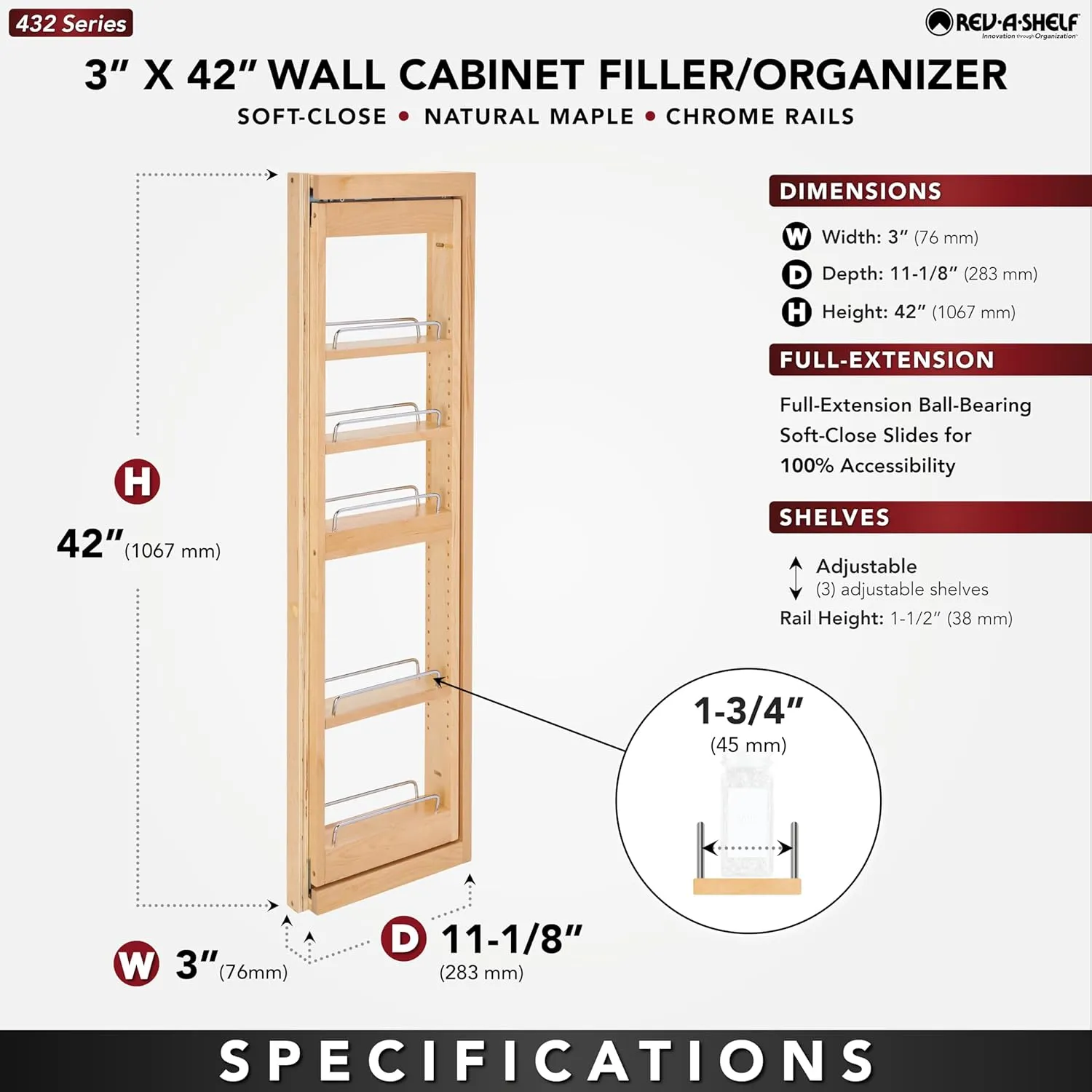 Rev-A-Shelf Kitchen Cabinet Pullout Wall Filler Wooden Organizer Slide Out Pantry Storage w/Soft-Close in Multiple Sizes, 3 x 42 in, 432-WFBBSC42-3C