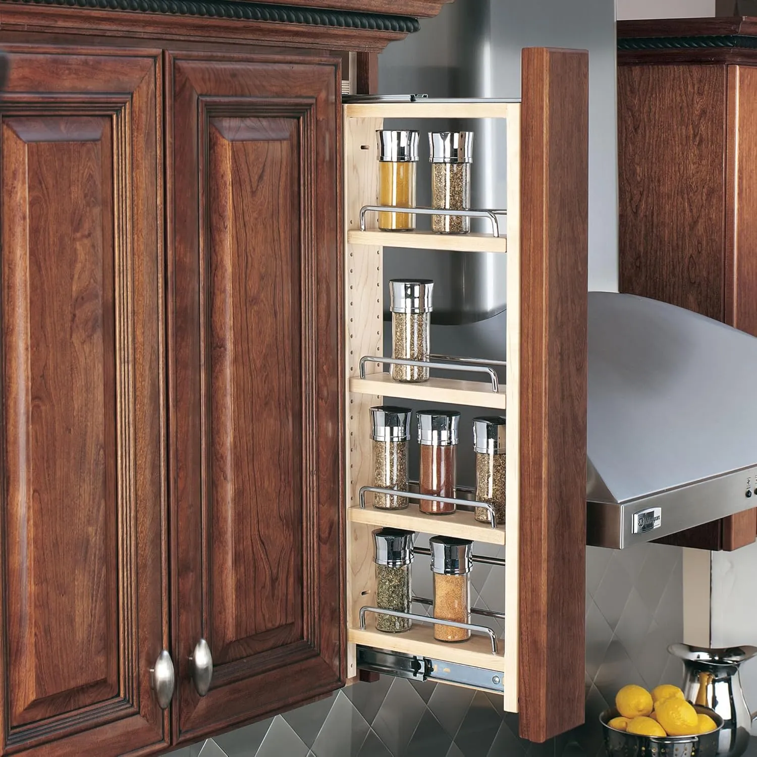 Rev-A-Shelf Kitchen Cabinet Pullout Wall Filler Wooden Organizer Slide Out Pantry Storage w/Soft-Close in Multiple Sizes, 3 x 42 in, 432-WFBBSC42-3C