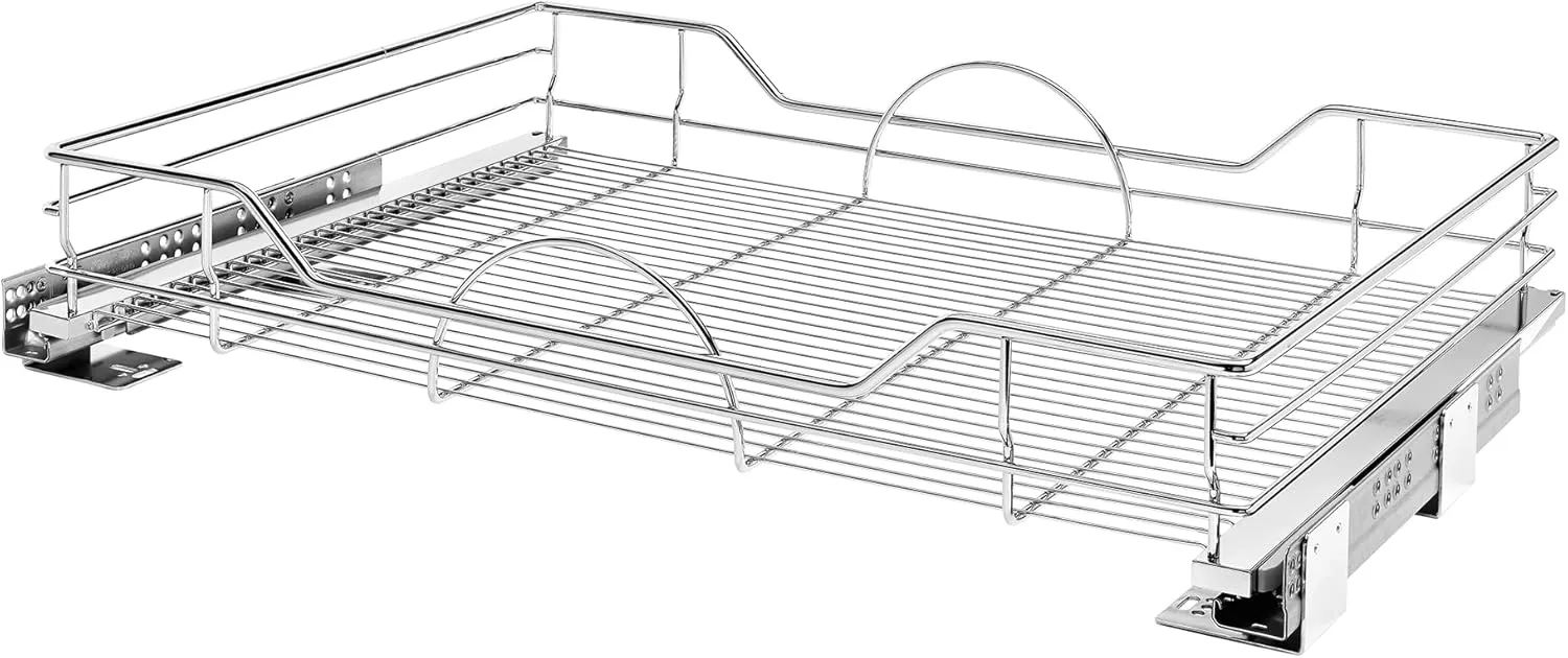 Rev-A-Shelf Single Steel Pullout Organizer for Base Kitchen/Bathroom Cabinets, Wire Storage Basket w/Soft-Close, Chrome, 32.5 x 21.74 In, 5730-33CR