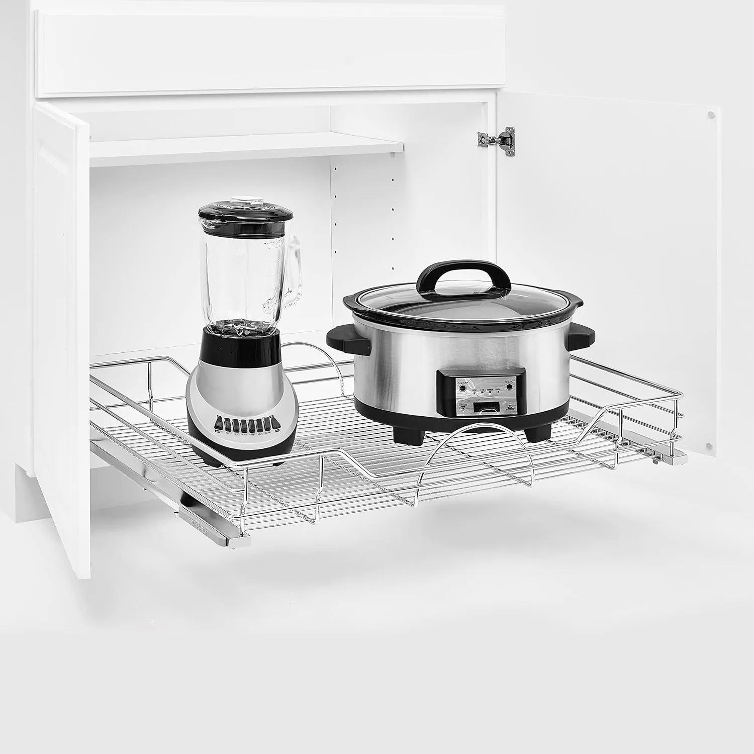 Rev-A-Shelf Single Steel Pullout Organizer for Base Kitchen/Bathroom Cabinets, Wire Storage Basket w/Soft-Close, Chrome, 32.5 x 21.74 In, 5730-33CR
