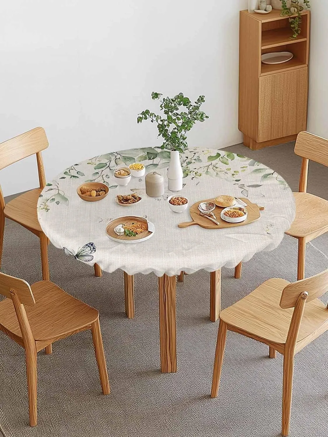 Round Fitted Tablecloth Retro Pastoral Leaves Butterflies Waterproof Table Cover for Indoor Outdoor Holiday Party Rural Botanical Flowers Elastic Edged Tablecloths Fit Up 45"-54" Tables