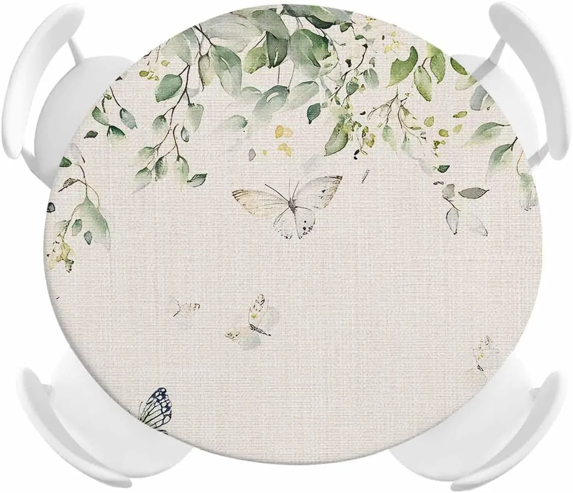 Round Fitted Tablecloth Retro Pastoral Leaves Butterflies Waterproof Table Cover for Indoor Outdoor Holiday Party Rural Botanical Flowers Elastic Edged Tablecloths Fit Up 45"-54" Tables