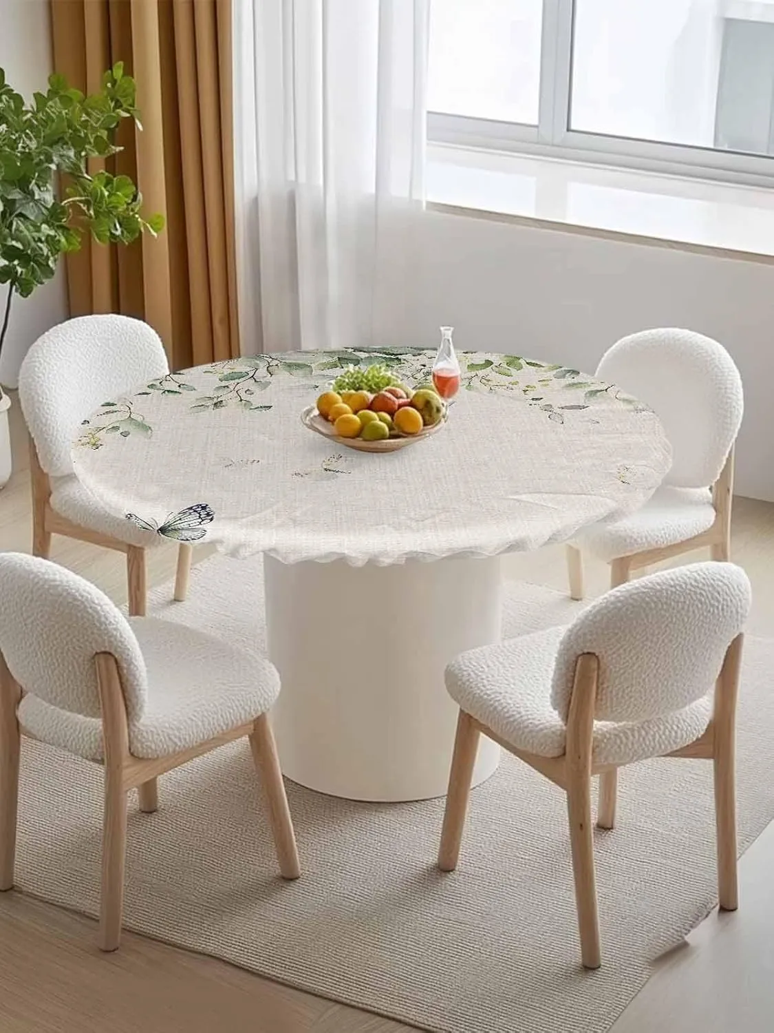 Round Fitted Tablecloth Retro Pastoral Leaves Butterflies Waterproof Table Cover for Indoor Outdoor Holiday Party Rural Botanical Flowers Elastic Edged Tablecloths Fit Up 45"-54" Tables
