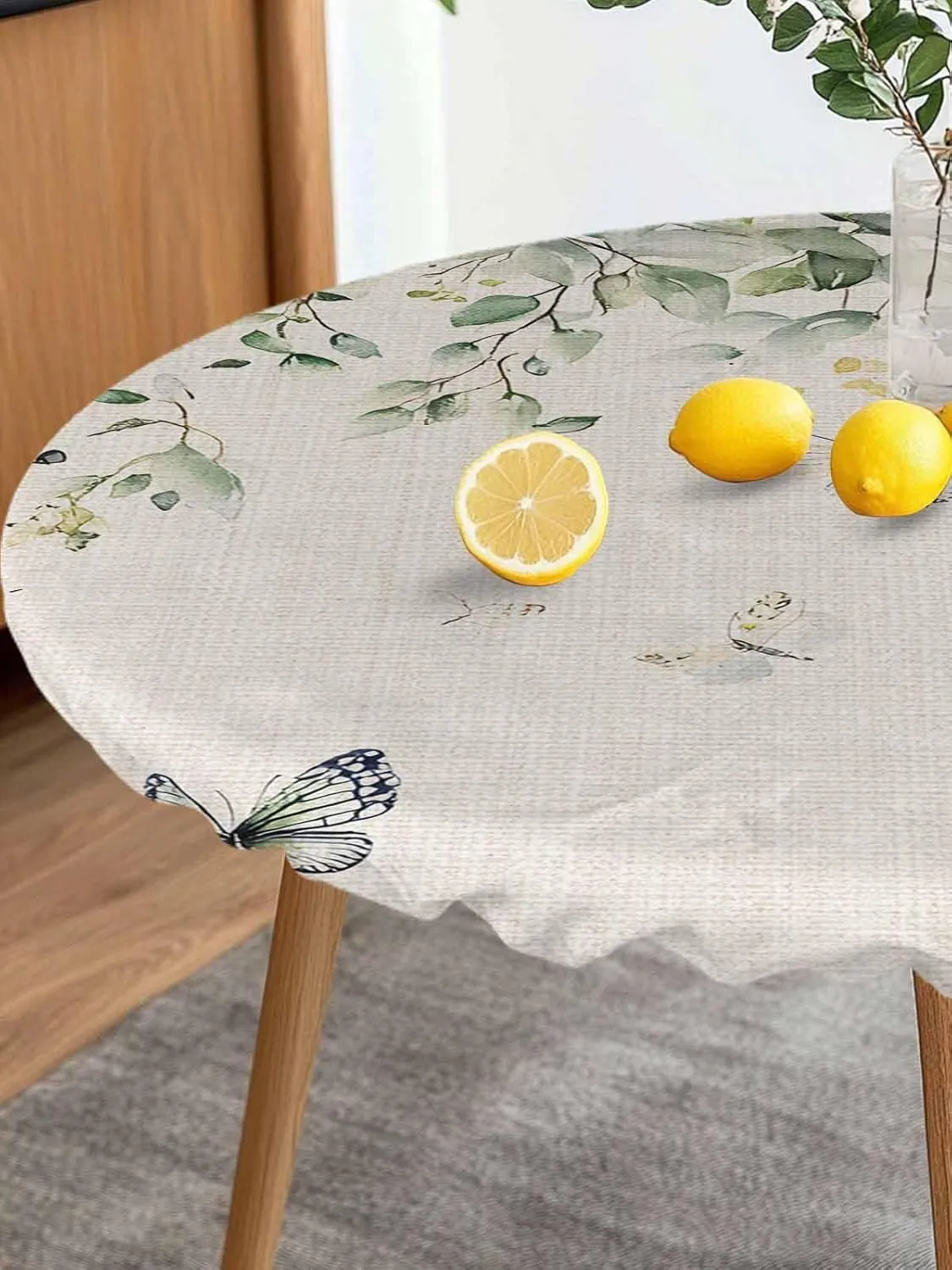 Round Fitted Tablecloth Retro Pastoral Leaves Butterflies Waterproof Table Cover for Indoor Outdoor Holiday Party Rural Botanical Flowers Elastic Edged Tablecloths Fit Up 45"-54" Tables