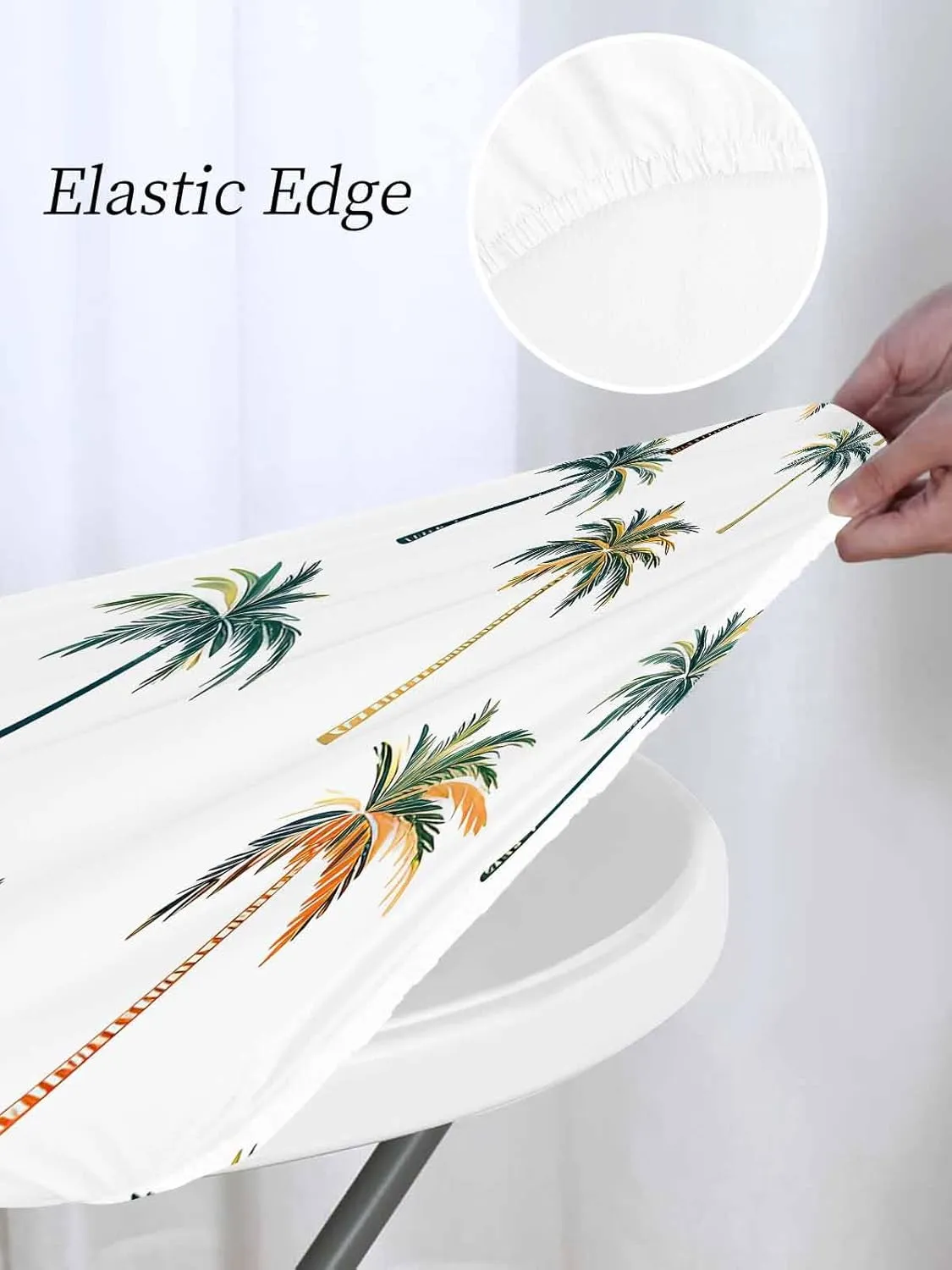 Round Fitted Tablecloth Tropical Palm Trees Waterproof Table Cover for Indoor Outdoor Holiday Party Coastal Tree on White Elastic Edged Tablecloths Fit Up 55"-60" Tables