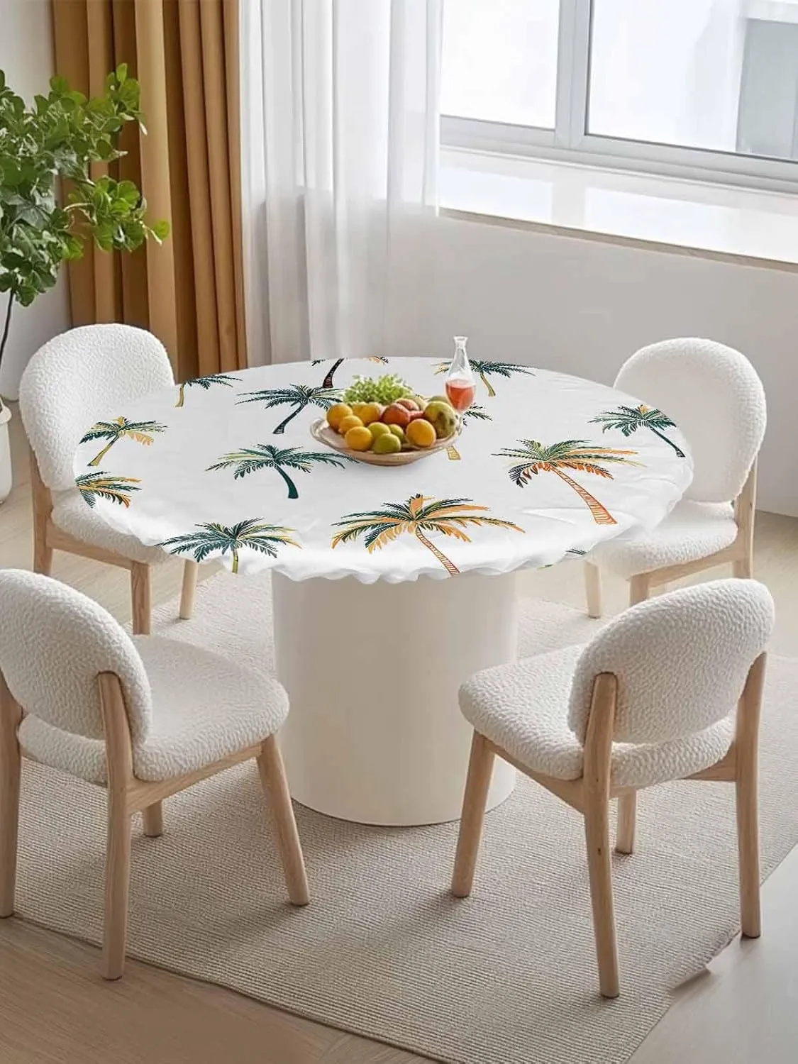 Round Fitted Tablecloth Tropical Palm Trees Waterproof Table Cover for Indoor Outdoor Holiday Party Coastal Tree on White Elastic Edged Tablecloths Fit Up 55"-60" Tables