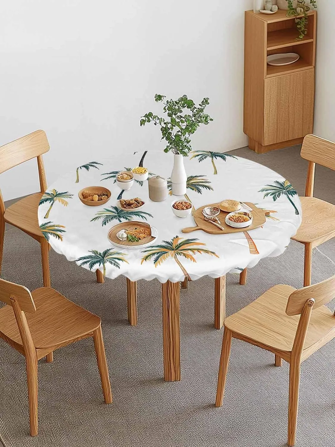 Round Fitted Tablecloth Tropical Palm Trees Waterproof Table Cover for Indoor Outdoor Holiday Party Coastal Tree on White Elastic Edged Tablecloths Fit Up 55"-60" Tables