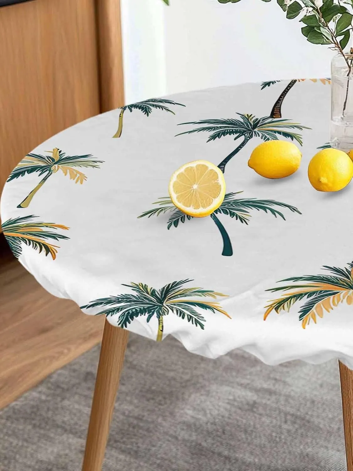 Round Fitted Tablecloth Tropical Palm Trees Waterproof Table Cover for Indoor Outdoor Holiday Party Coastal Tree on White Elastic Edged Tablecloths Fit Up 55"-60" Tables