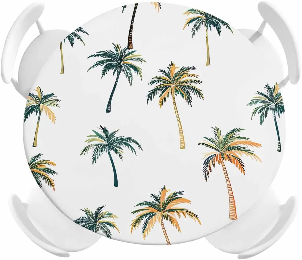Round Fitted Tablecloth Tropical Palm Trees Waterproof Table Cover for Indoor Outdoor Holiday Party Coastal Tree on White Elastic Edged Tablecloths Fit Up 55"-60" Tables