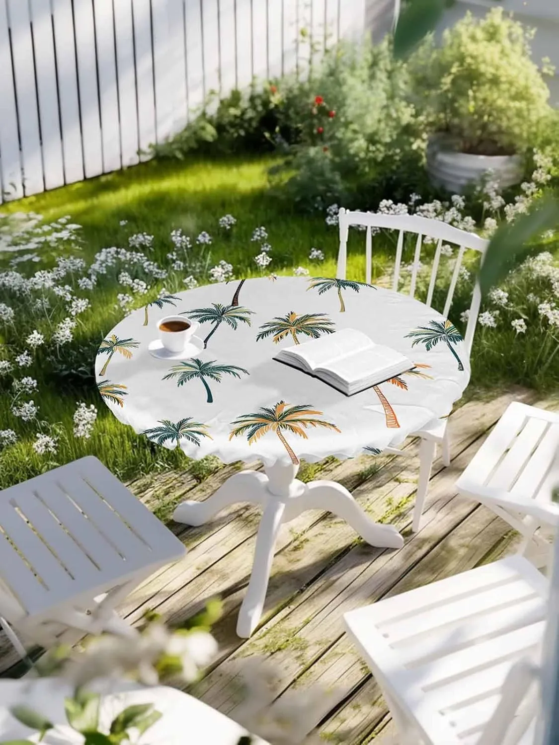 Round Fitted Tablecloth Tropical Palm Trees Waterproof Table Cover for Indoor Outdoor Holiday Party Coastal Tree on White Elastic Edged Tablecloths Fit Up 55"-60" Tables