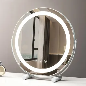 Round Makeup Mirror，Makeup Vanity Mirror With Lights，Large Lighted Mirror 360° Rotation For Desk, Bedroom, Dressing Room Tabletop, Light Up Mirror With Dimmable 3-Color Led ( Color : White , Size : 43