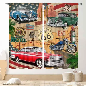 Route 66 Road Curtains for Boys Man Room, Rustic Vintage Classic Car Motorcycle Biker Country Western Retro Man Cave Window Drapes Treatments for Living Room Bedroom Garage Home 2 Panels, 42"x63" Inch