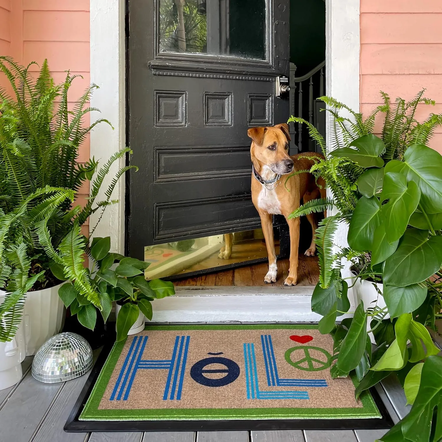 RUGGABLE Washable Front Doormat – Jonathan Adler Hello Love 2x3 Indoor/Outdoor Doormat – Fade–Resistant, Durable, Non–Slip with Standard Pad – Welcome Mat for Entryway, Hallway,Bathroom, & Decor