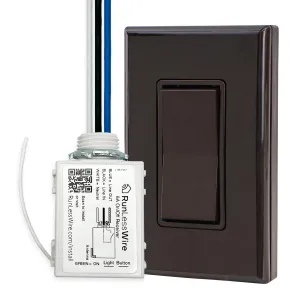 RunLessWire Single Pole Remote Light Switch Kit Wireless Battery-Free Self-Powered Kinetic DIY Wall Switch 150ft RF Range - Basic: 1 On/Off Receiver, 1 Switch - Brown