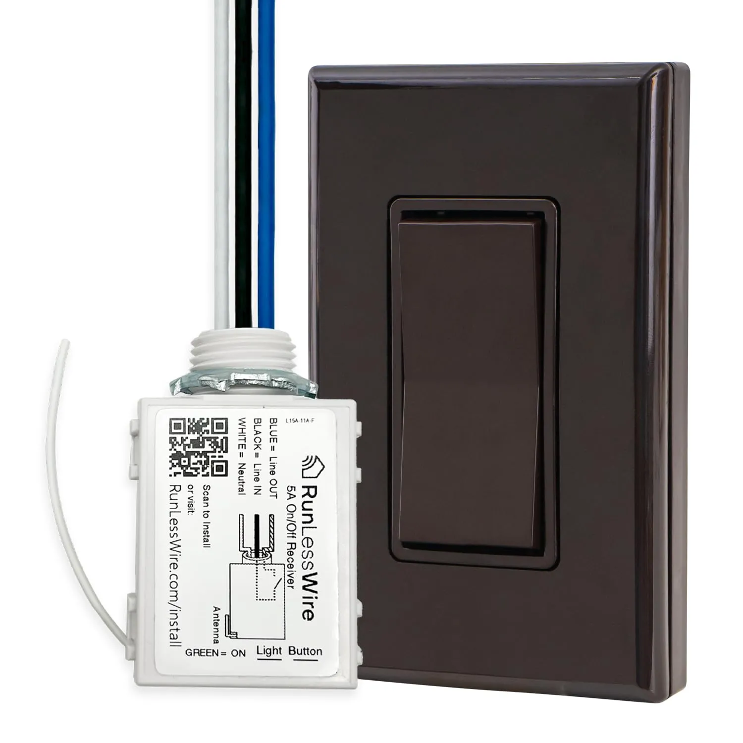 RunLessWire Single Pole Remote Light Switch Kit Wireless Battery-Free Self-Powered Kinetic DIY Wall Switch 150ft RF Range - Basic: 1 On/Off Receiver, 1 Switch - Brown