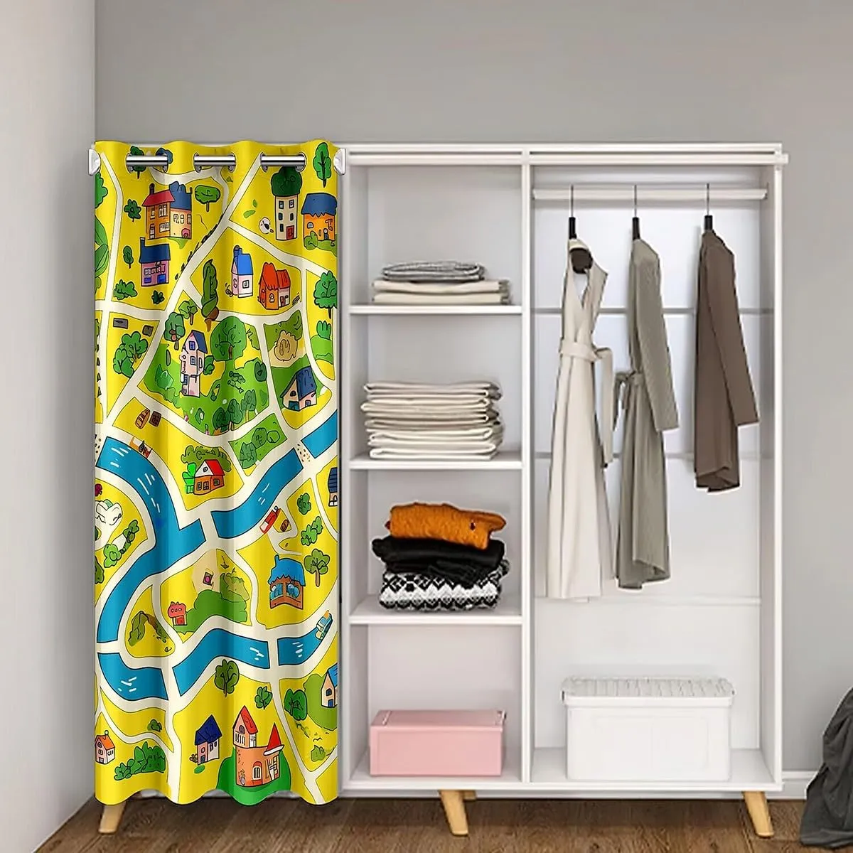Rustic Countryside Doorway Curtain,Suburb House Tree River Hand Graffiti Door Cover Curtain,Yellow Nature Roadway Landscape Blackout Door Curtain for Bedroom, 80"×34" 1 Panel