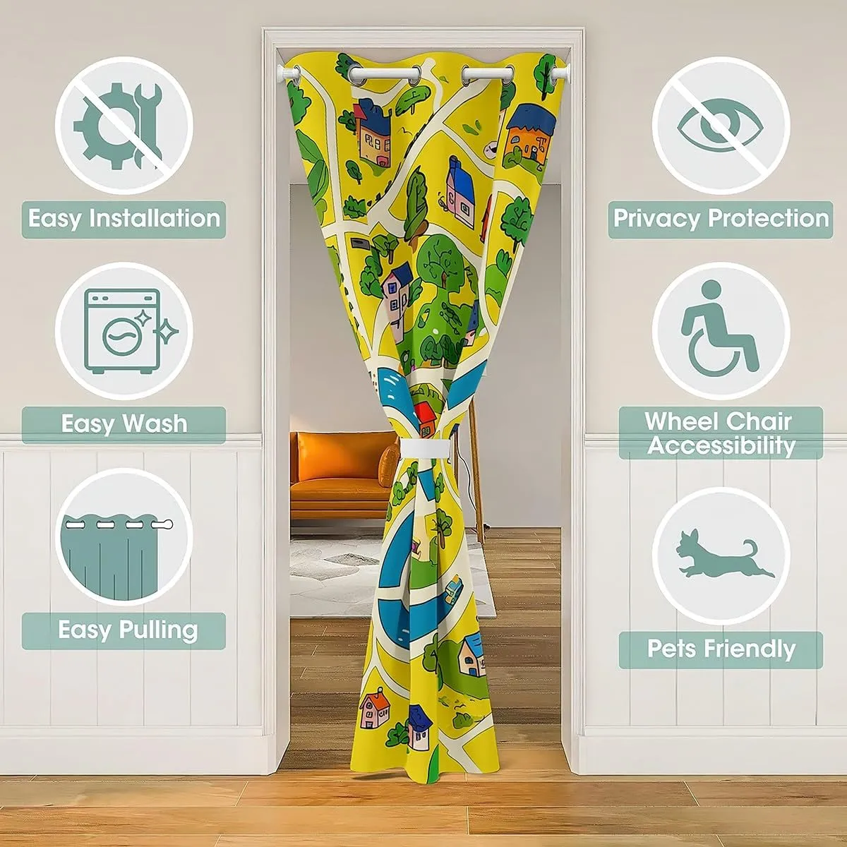 Rustic Countryside Doorway Curtain,Suburb House Tree River Hand Graffiti Door Cover Curtain,Yellow Nature Roadway Landscape Blackout Door Curtain for Bedroom, 80"×34" 1 Panel