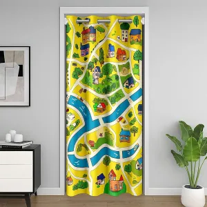 Rustic Countryside Doorway Curtain,Suburb House Tree River Hand Graffiti Door Cover Curtain,Yellow Nature Roadway Landscape Blackout Door Curtain for Bedroom, 80"×34" 1 Panel