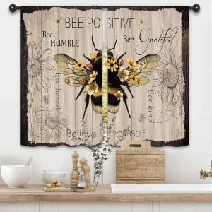 Rustic Farmhouse Bee Kitchen Curtains 27.5W x 39L Inch Country Positive Vintage Inspirational Motivational Wooden Rod Pocket Short Cafe Small Window Treatment Drapes Decor 2 Panels