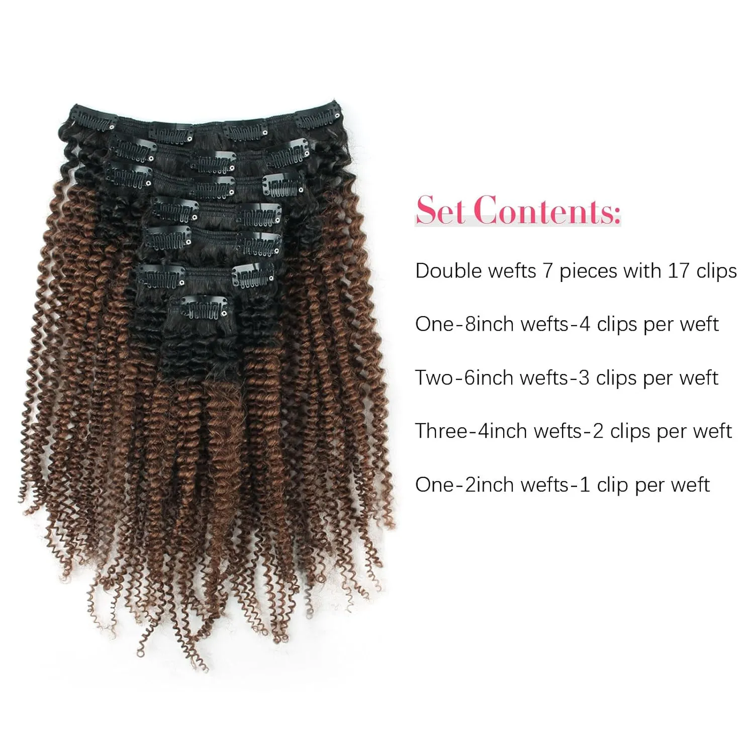 Sassina Real Thick Double Wefts Clip In Human Hair Extensions Afro Curly Style Two Tone 1B Off Black Fading into Light Chocolate Brown 120 Grams 7 Pieces-Set With 17 Clips AC 1BT4 14 Inch