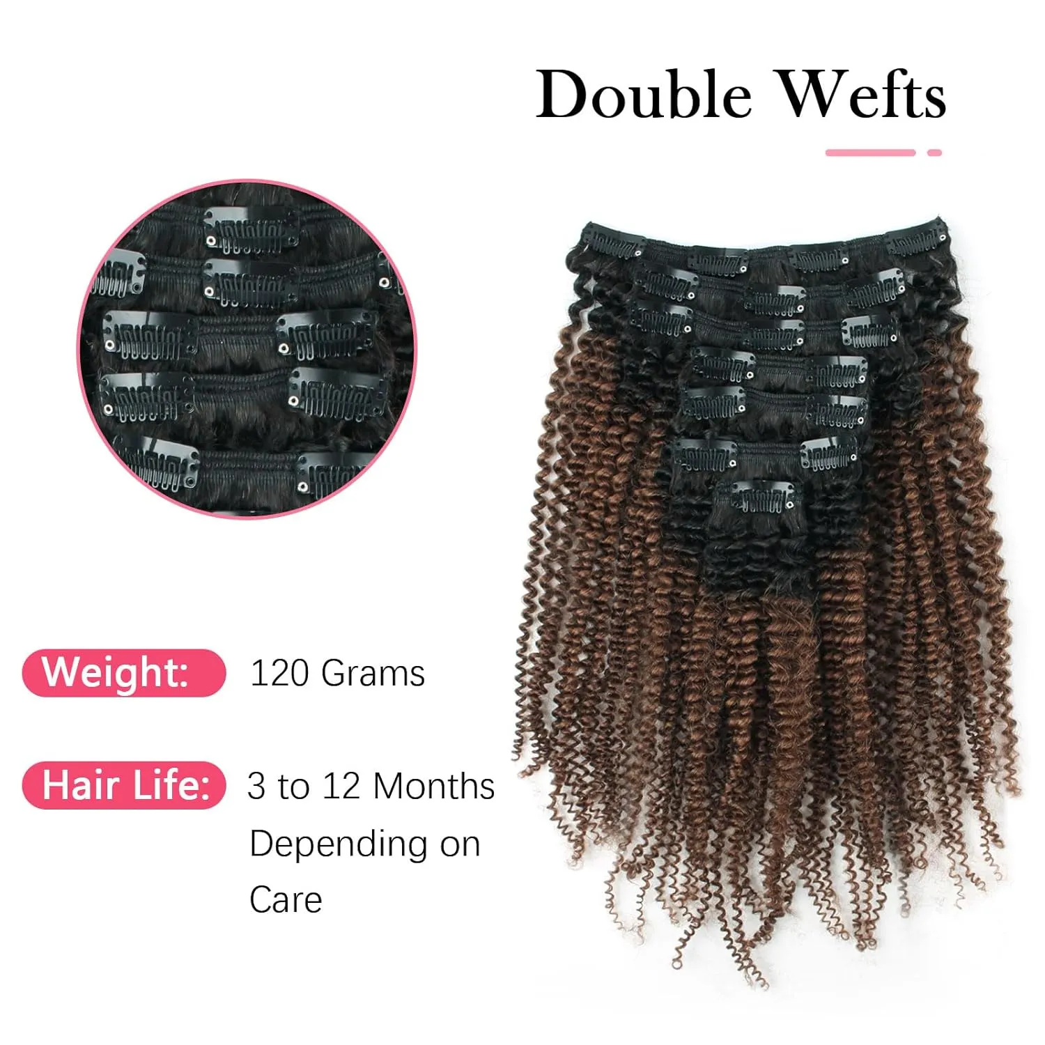 Sassina Real Thick Double Wefts Clip In Human Hair Extensions Afro Curly Style Two Tone 1B Off Black Fading into Light Chocolate Brown 120 Grams 7 Pieces-Set With 17 Clips AC 1BT4 14 Inch
