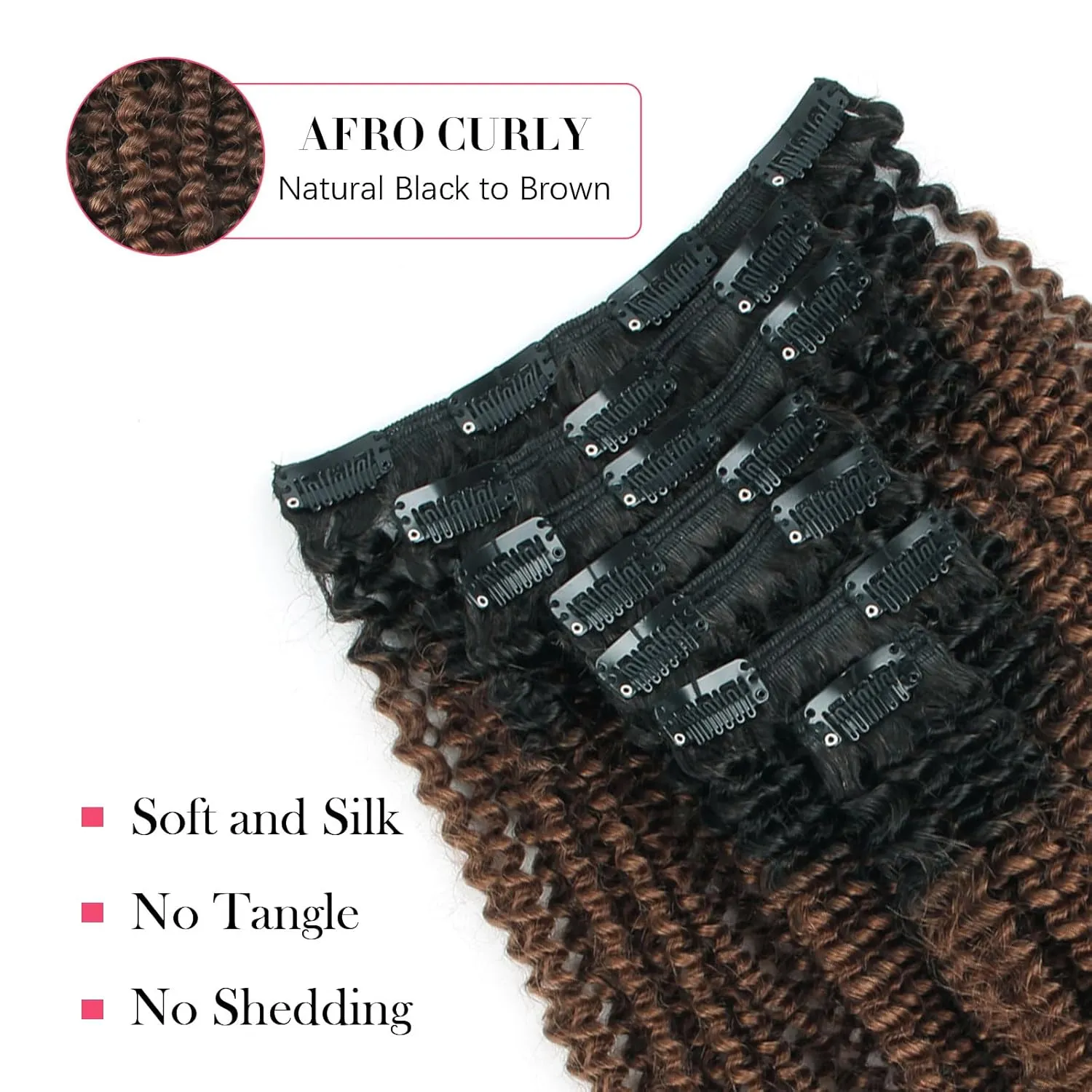 Sassina Real Thick Double Wefts Clip In Human Hair Extensions Afro Curly Style Two Tone 1B Off Black Fading into Light Chocolate Brown 120 Grams 7 Pieces-Set With 17 Clips AC 1BT4 14 Inch